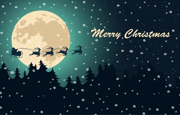 Зима, Ночь, Луна, Рождество, Новый год, Санта Клаус, Олени, Merry Christmas