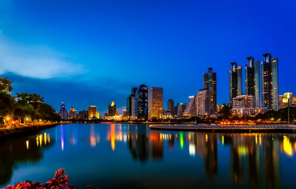 Картинка ночь, огни, озеро, отражение, зеркало, горизонт, Таиланд, Бангкок