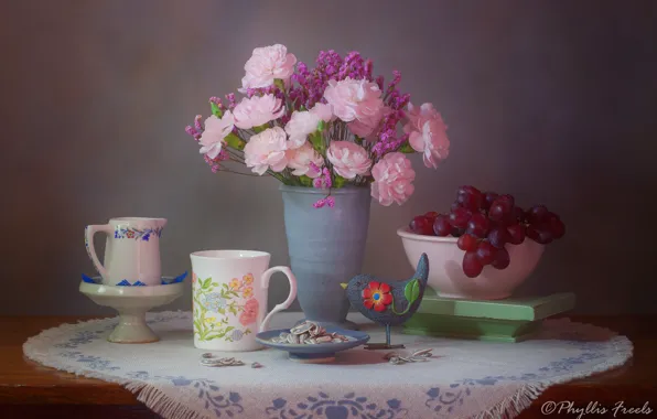 Картинка цветы, стиль, фон, букет, виноград, кружка, ваза, птичка