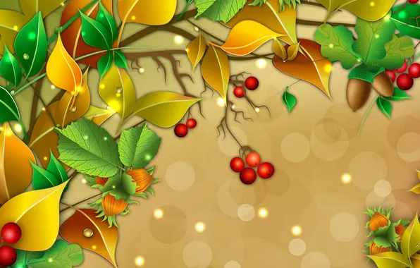 Картинка листья, ягоды, вектор, ветка, орехи