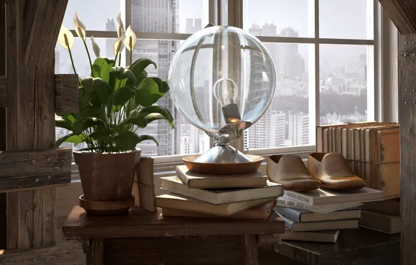 Цветок, лампа, окно, башмаки, BY THE WINDOW