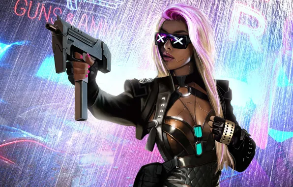 Девушка, оружие, фантастика, очки, блондинка, sci-fi, Cyberpunk
