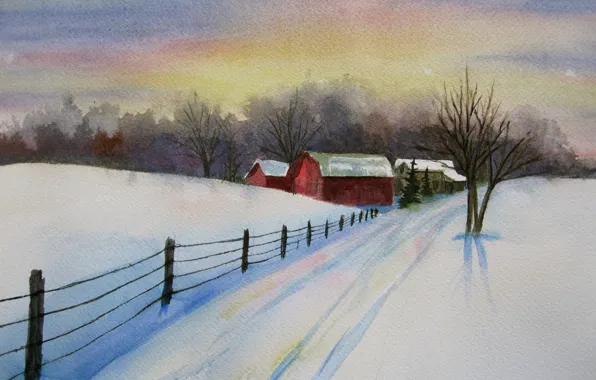 Картинка зима, небо, снег, деревья, пейзаж, забор, дома, картина