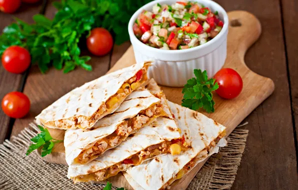 Петрушка, салфетка, салат, Mexican, разделочная доска, помидоры-черри, лепешки