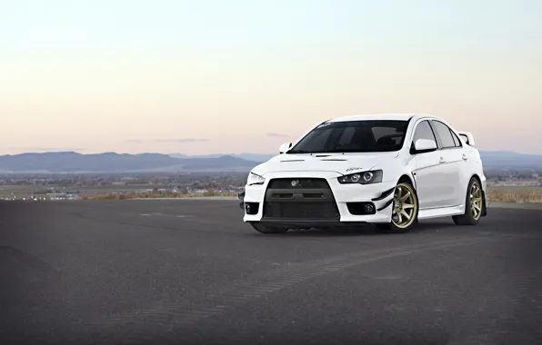 Картинка white, wheels, gold, mitsubishi, lancer, evolution