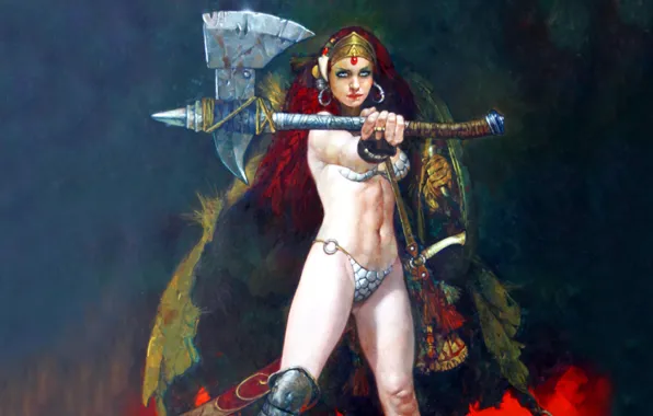 Axe, girl, sexy, Red Sonja, red head, girl & sword