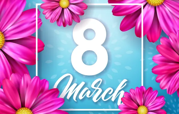 Картинка цветы, цифра, happy, 8 марта, blue, pink, flowers, открытка