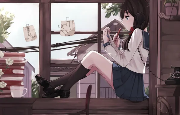 Картинка девушка, аниме, окно, арт, телефон, карандаш, форма, школьница