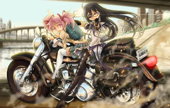 Картинка девушки, аниме, мотоцикл, madoka magica