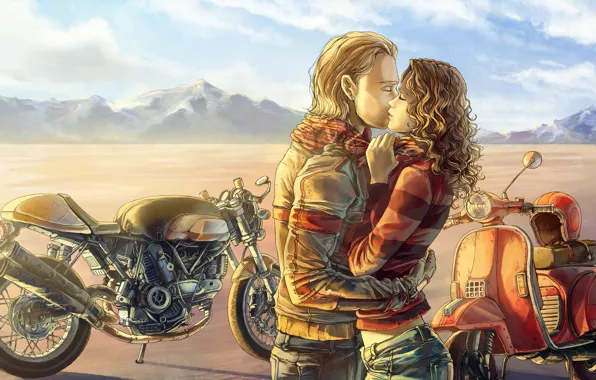 Картинка девушка, горы, рисунок, объятия, мотоцикл, парень, art, скутер