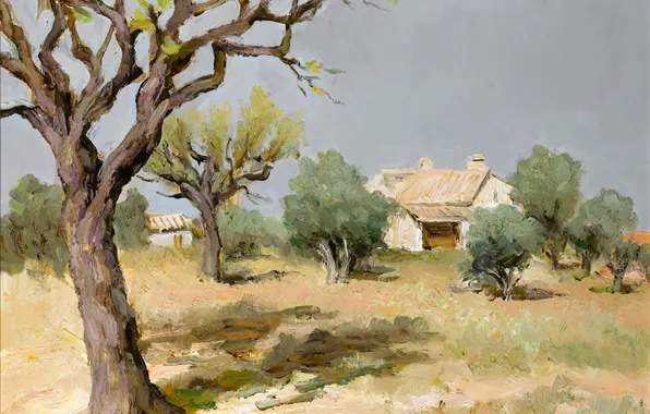 Картинка деревья, пейзаж, дом, картина, Марсель Диф, Сад весной