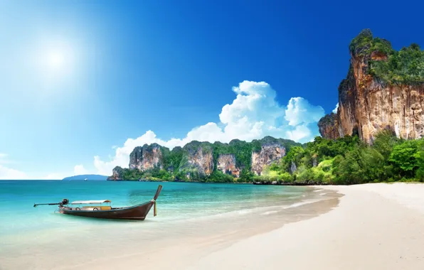 Картинка море, скалы, берег, лодка