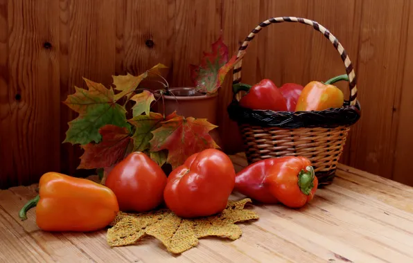 Картинка листья, стол, корзина, перец, натюрморт, овощи, помидоры, кленовые