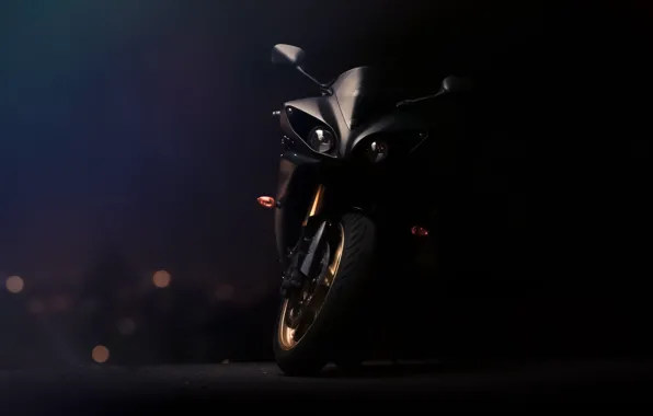 Картинка чёрный, фары, мотоцикл, суперспорт, black, вид спереди, yamaha, bike
