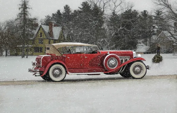 Зима, снег, ретро, классика, Duesenberg, 1932 Duesenberg Model J Phaeton