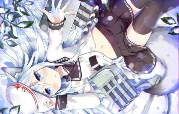 Девушка, снег, лежит, ушки, anime, art, хвостик, Kantai Collection
