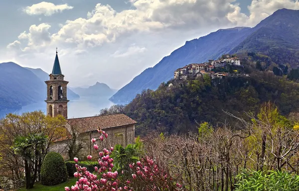 Цветы, горы, озеро, весна, Италия, церковь, Ломбардия
