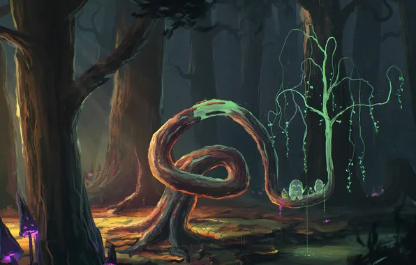 Картинка лес, деревья, грибы, дух, арт