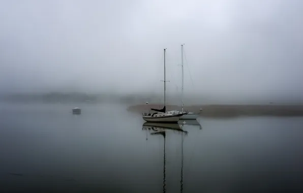 Картинка пейзаж, туман, озеро, лодки