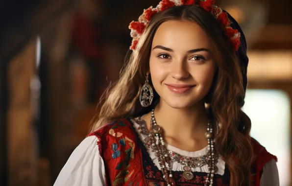 Взгляд, девушка, украшения, лицо, поза, улыбка, портрет, бусы