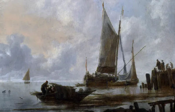 Картинка море, картина, парус, Jan van de Cappelle, Лодки Пришвартованные у Причала, Ян ван Каппель