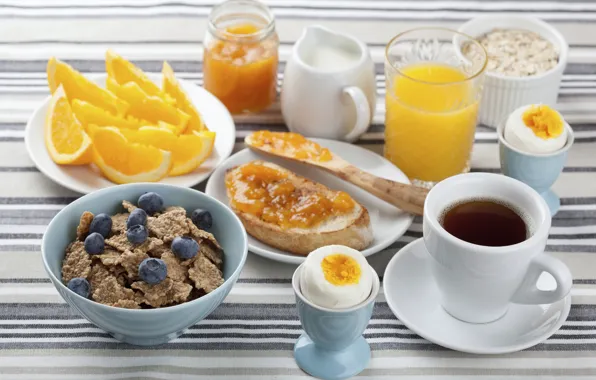 Яйцо, кофе, апельсин, завтрак, молоко, сок, джем, хлопья