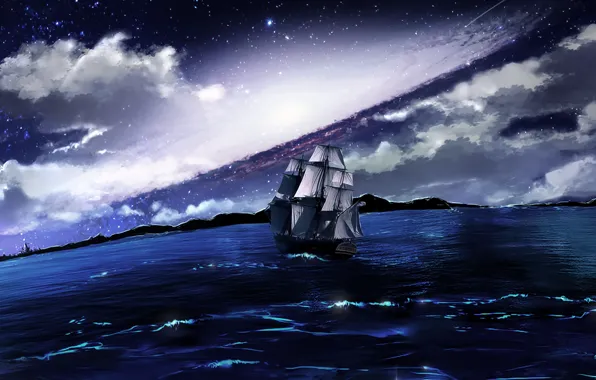 Картинка море, облака, ночь, корабль, парусник, плавание