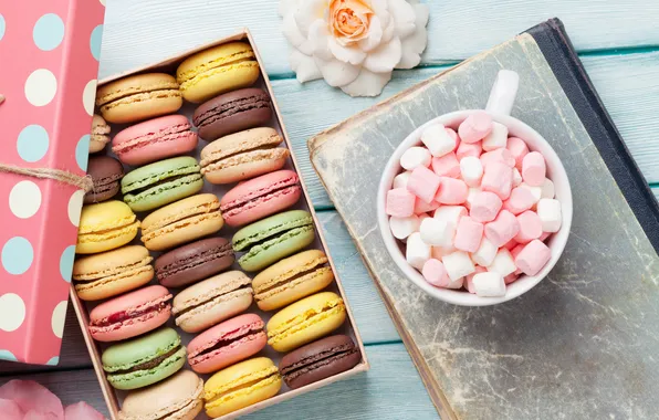 Цветы, подарок, colorful, wood, pink, flowers, coffee cup, macarons