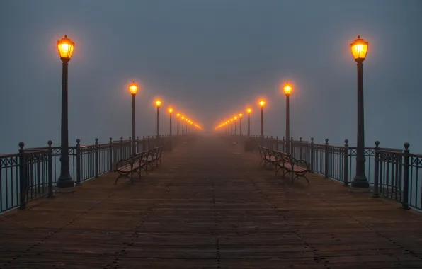 Картинка туман, причал, фонари
