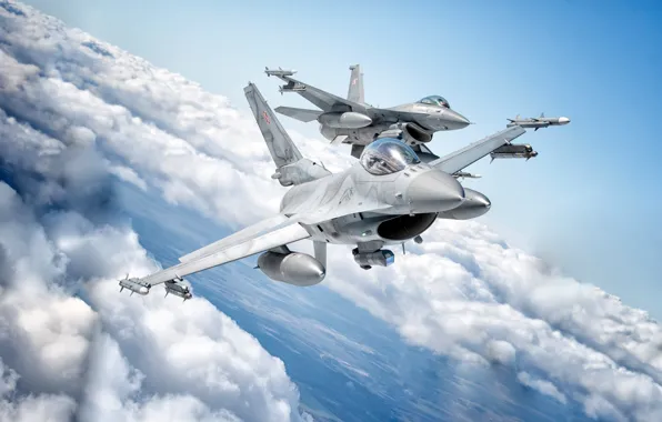 Облака, Истребитель, F-16, F-16 Fighting Falcon, ВВС Польши, ПТБ, AIM-120 AMRAAM, AIM-9 Sidewinder