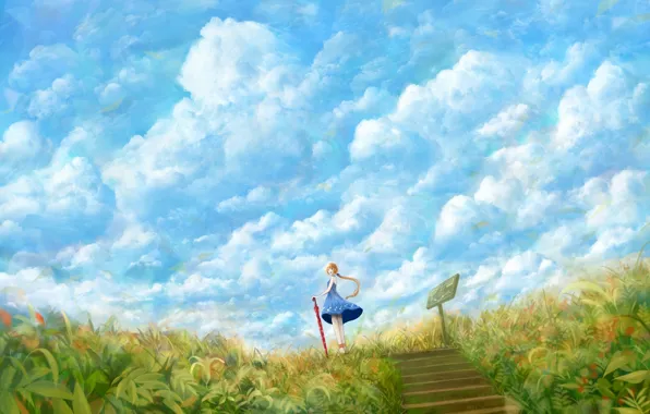 Картинка поле, небо, трава, девушка, облака, зонтик, ветер, табличка