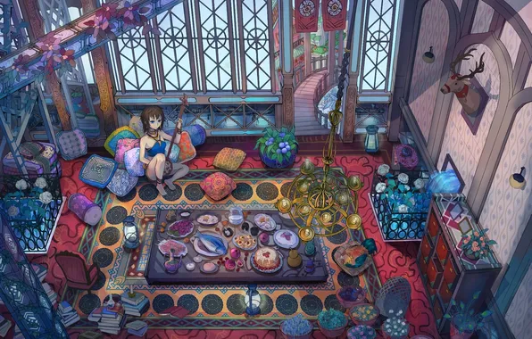 Девушка, цветы, стол, комната, узор, лампа, еда, интерьер
