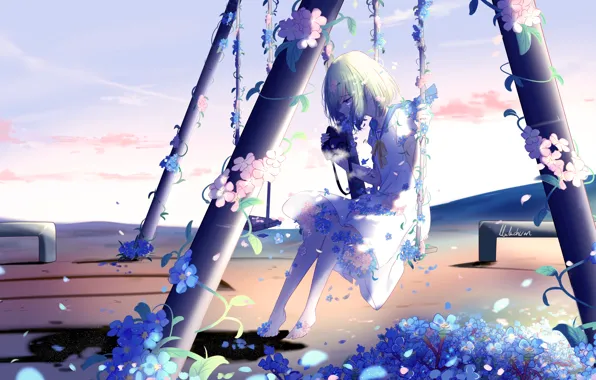 Картинка девушка, цветы, качели, плачет, by lluluchwan
