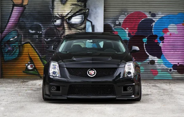 Картинка чёрный, Cadillac, перед, графити, black, CTS-V, кадилак