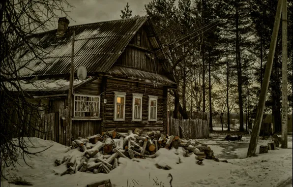 Картинка снег, дом, обработка, деревня, дрова, сумерки