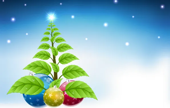 Картинка листья, капли, снег, праздник, шары, графика, новый год, рождество