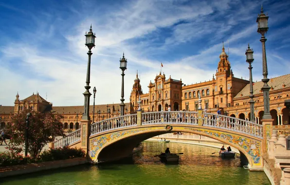 Картинка мост, река, лодки, фонари, Испания, Spain, Севилья, Андалусия