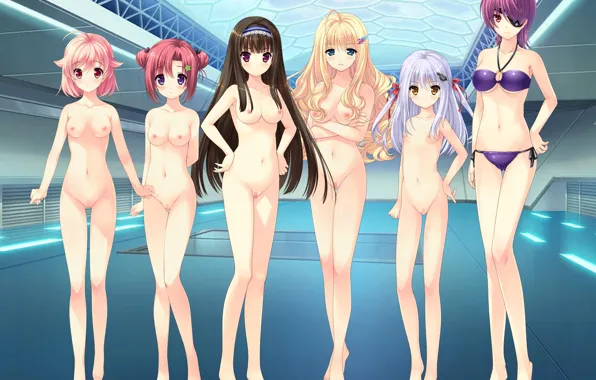 Sexy, pink hair, red hair, long hair, girls, nipples, boobs, anime