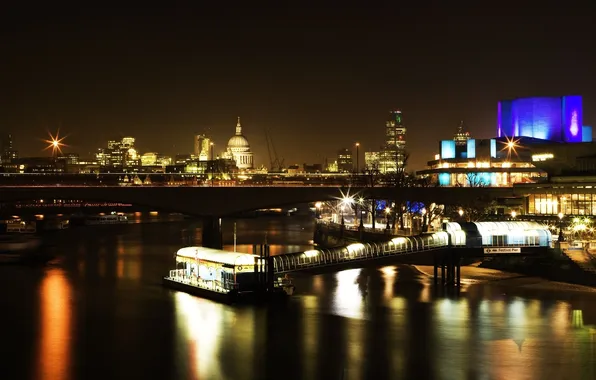 Картинка город, огни, река, англия, дома, лондон, вечер, улицы