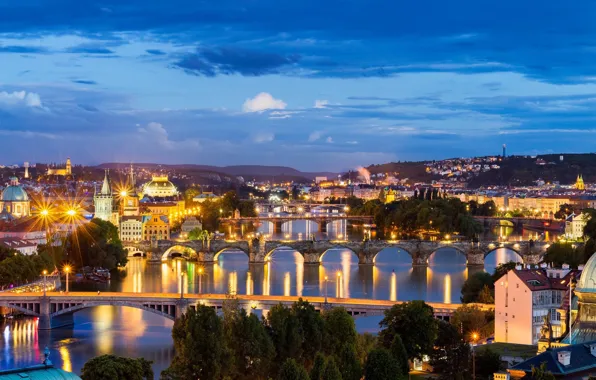 Небо, город, Прага, Чехия, Prague bridges