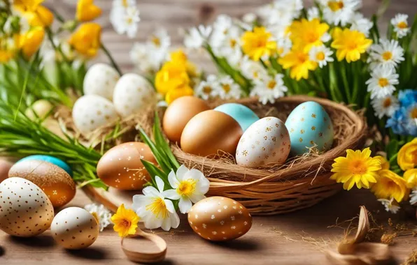 Картинка цветы, яйца, весна, colorful, Пасха, happy, flowers, spring