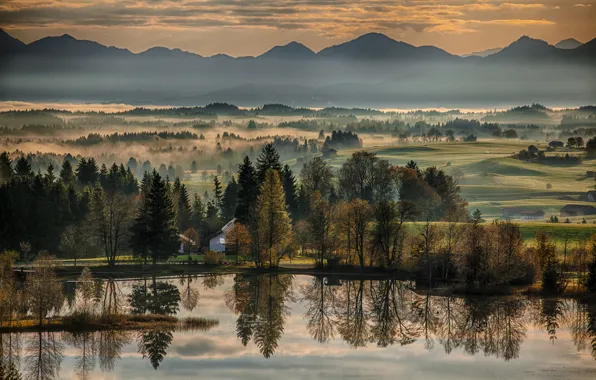 Картинка осень, деревья, горы, отражение, река, рассвет, утро, Германия