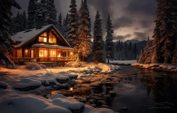 Зима, лес, снег, ночь, мороз, домик, house, хижина