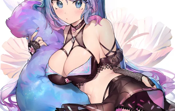 Girl, sexy, cleavage, thighhighs, long hair, boobs, anime, blue eyes