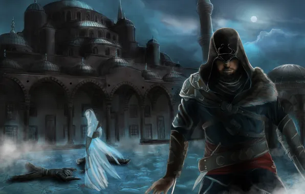 Картинка ночь, город, мечеть, Assassins Creed, альтаир, Revelations, эцио, constantinople