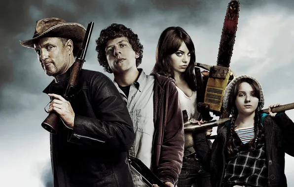 Emma Stone, Jesse Eisenberg, Woody Harrelson, Abigail Breslin, Zombieland, Добро пожаловать в Zомбилэнд