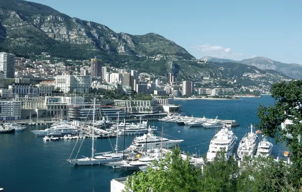 Горы, яхты, порт, панорама, залив, Monaco, Монако, Монте-Карло