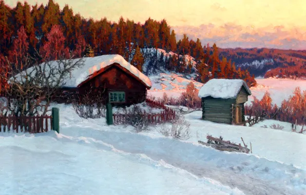 Картинка зима, лес, снег, деревья, пейзаж, дом, рассвет, холмы