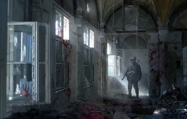 Картинка кровь, окна, коридор, солдат, разрушение, противогаз