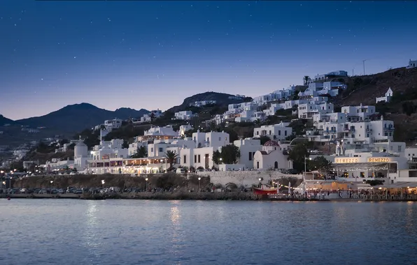 City, sea, night, greek, mediterranean, mykonos